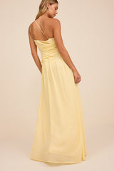 Marcela Pale Yellow Ruched One-Shoulder Maxi Dress