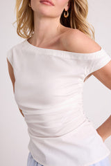 Debonair Ivory Poplin Ruched Asymmetrical Top