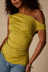 Debonair Chartreuse Poplin Ruched Asymmetrical Top
