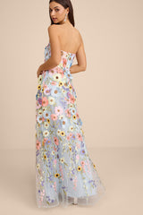 Rosario Light Blue Multi 3D Floral Embroidered Maxi Dress