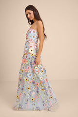 Rosario Light Blue Multi 3D Floral Embroidered Maxi Dress