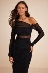 Lucena Black Mesh Asymmetrical Maxi Dress