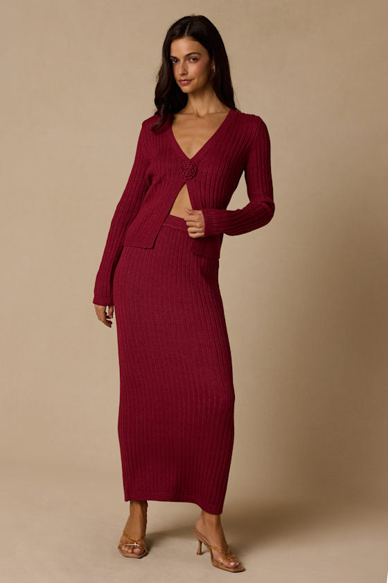 Colbina Berry Red Ribbed High-Rise Sweater Maxi Skirt