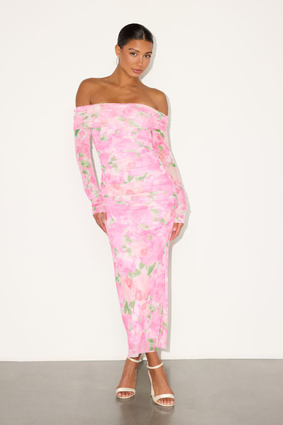 Amorette Pink Floral Mesh Off-the-Shoulder Maxi Dress