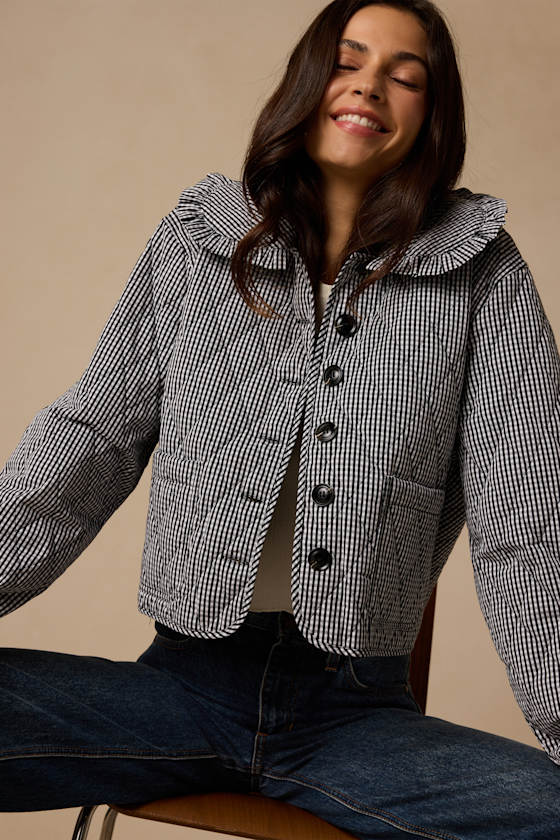 Ilona Black and White Gingham Quilted Collared Jacket