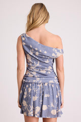 Chrissy Blue and Cream Floral Drop Waist Mini Dress
