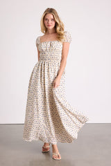 Wanda Ivory Ditsy Floral Tie-Back Puff Sleeve Maxi Dress