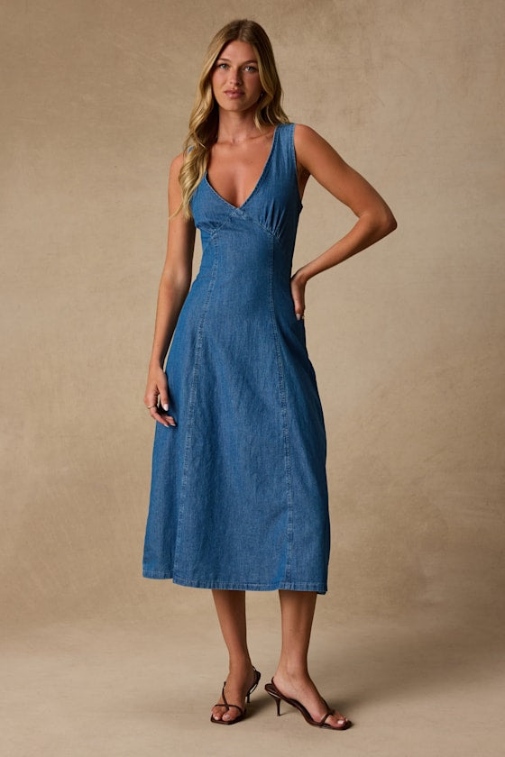 Miranda Medium Wash Denim Sleeveless Midi Dress