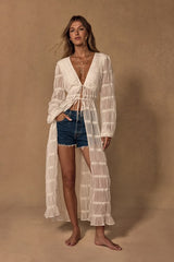 April Ivory Sheer Long Sleeve Tie-Front Duster Top