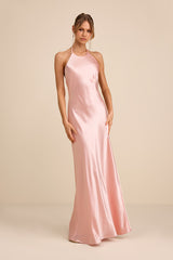 Magnificence Blush Pink Satin Backless Halter Maxi Dress
