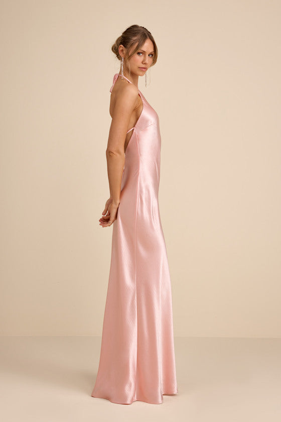 Magnificence Blush Pink Satin Backless Halter Maxi Dress