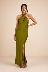 Daney Olive Green Satin Cross-Front Halter Maxi Dress