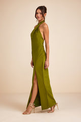 Daney Olive Green Satin Cross-Front Halter Maxi Dress