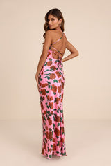 Malito Pink Rose Print Satin Lace-Up Maxi Dress
