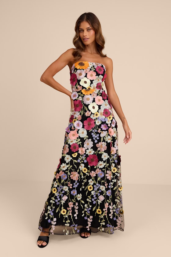 Rosario Black Multi 3D Floral Embroidered Maxi Dress