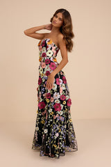 Rosario Black Multi 3D Floral Embroidered Maxi Dress