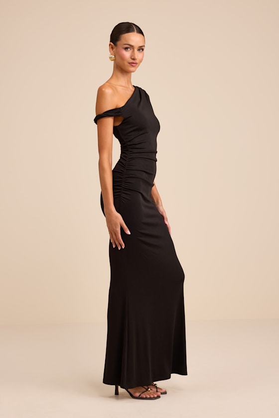 Oriella Black Asymmetrical Ruched Mermaid Maxi Dress