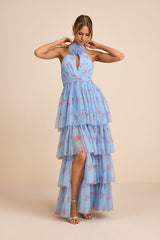 Charmian Light Blue Floral Tulle Tiered Maxi Dress