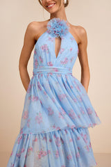 Charmian Light Blue Floral Tulle Tiered Maxi Dress