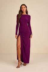 Dion Plum Purple Jersey Knit Long Sleeve Maxi Dress