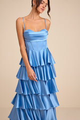 Arletta Light Blue Satin Bustier Tiered Maxi Dress