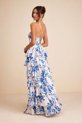 Arletta White and Blue Floral Satin Bustier Tiered Maxi Dress