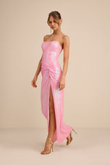 Pernella Pink Sequin Strapless Twist-Front Maxi Dress