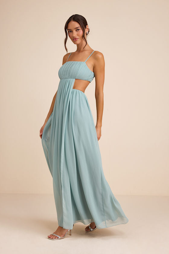 Adara Light Blue Pleated Cutout Maxi Dress
