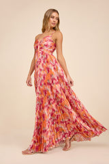 Dreaming in Color Pink Abstract V-Neck Pleated Satin Maxi Dress
