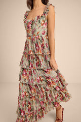 Alba Sage Floral Ruffled Tiered Maxi Dress