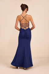 Ronelle Dark Blue Slinky Knit Lace-Up Maxi Dress