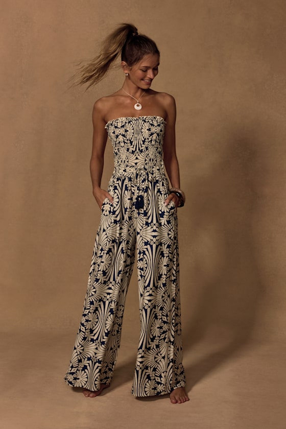 Indie Navy and Ivory Boho Print Wide-Leg Jumpsuit