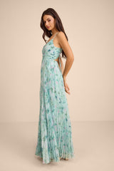 Whitley Mint Green Floral Pleated Sleeveless Maxi Dress