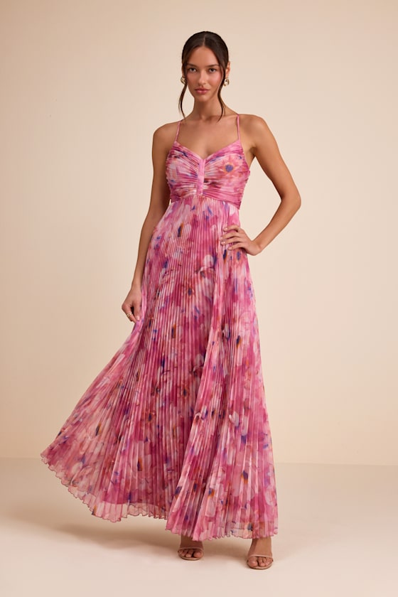 Whitley Pink Floral Pleated Sleeveless Maxi Dress