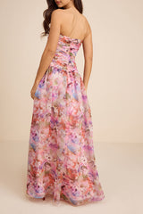 Kasandra Pink Multi Floral Organza Drop Waist Maxi Dress