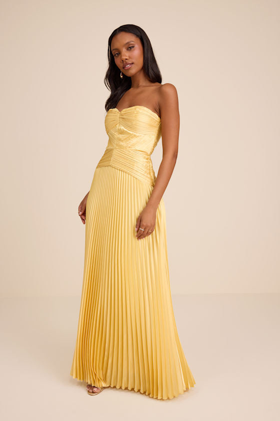 Elkay Yellow Pleated Satin Drop Waist Maxi Dress