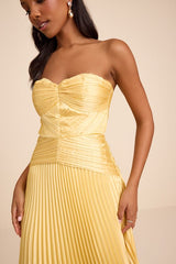 Elkay Yellow Pleated Satin Drop Waist Maxi Dress