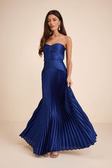 Elkay Navy Blue Pleated Satin Drop Waist Maxi Dress