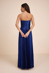 Elkay Navy Blue Pleated Satin Drop Waist Maxi Dress