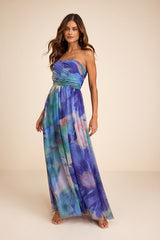 Galilea Blue Multi Floral Strapless Maxi Dress