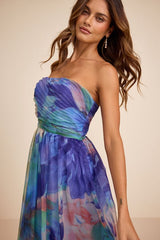 Galilea Blue Multi Floral Strapless Maxi Dress