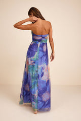 Galilea Blue Multi Floral Strapless Maxi Dress