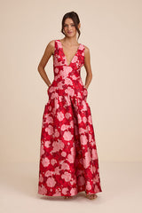 Valna Red Floral Jacquard Drop Waist Maxi Dress