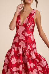 Valna Red Floral Jacquard Drop Waist Maxi Dress