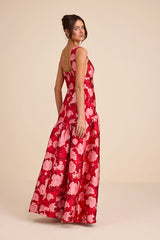 Valna Red Floral Jacquard Drop Waist Maxi Dress