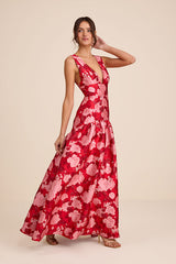 Valna Red Floral Jacquard Drop Waist Maxi Dress