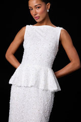 Nivina White Beaded Sequin Peplum Midi Dress