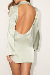 Melilla Pale Sage Satin Mock Neck Backless Mini Dress