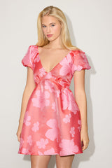Begonia Red Floral Jacquard Puff Sleeve Babydoll Mini Dress