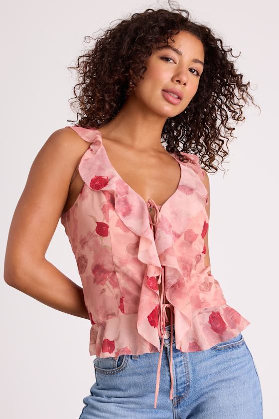 Ivanna Dusty Pink Floral Ruffled Tie-Front Tank Top